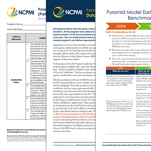 Side-by-side half-thumbnails of three of the resources available in the EI Leadership Team Resource Packet