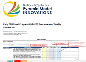 Thumbnail image of the first sheet of the NCPMI Early Childhood Program-Wide PBS Benchmarks of Quality Version 3.0